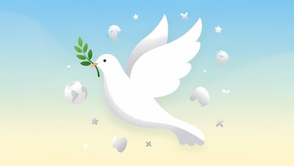 International Day of Peace Symbol with White Bird and World Map Background (Dove of Peace Flying with Olive Branch, Global Peace and Hope Concept.)