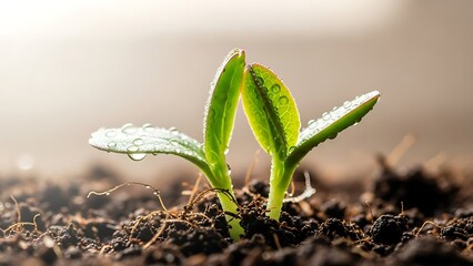 Vibrant Green Sprouts with Dew Drops Emerging from Rich Soil, Bathed in Warm Sunlight; Symbolizing New Life, Growth, and Hope