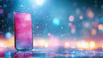 A smartphone with a glittery display stands in a futuristic, bokeh-filled environment, illuminated with vibrant colors.