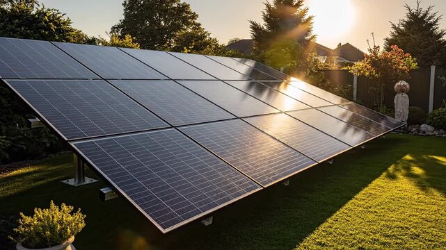 Modern Solar Panel Array Installed In A Lush Green Garden At Golden Hour Sunset With Sun Rays Shining Through Distant Trees Illuminating The Landscape With Warm Orange Light