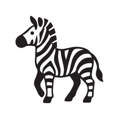Obraz premium Black and white stylized silhouette of a zebra facing left, with bold stripes and simplified cartoon form.