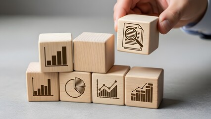 Hand placing security shield icon block on stack of wooden blocks