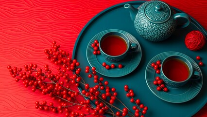 Chinese New Year tea set with red berries on teal tray and red fabric