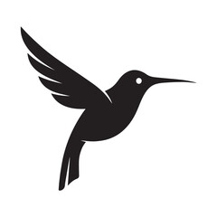 Obraz premium Black silhouette of a hummingbird in flight with wings raised, beak forward, and minimalist styling.