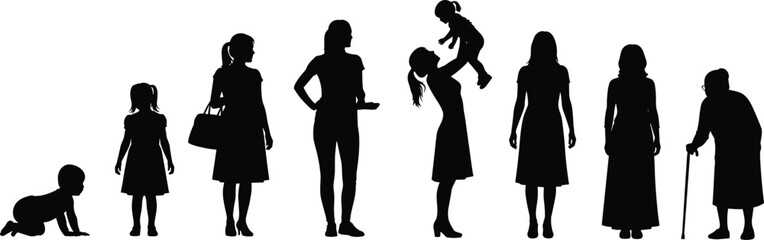 Female life stages silhouette progression, woman aging timeline illustration, childhood to elderly concept, generational development artwork sequence