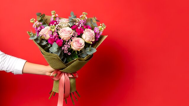 Hand holding a beautiful mixed flower bouquet on red background - Powered by Adobe