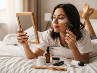 Woman using jade roller and eye patches for skincare at home