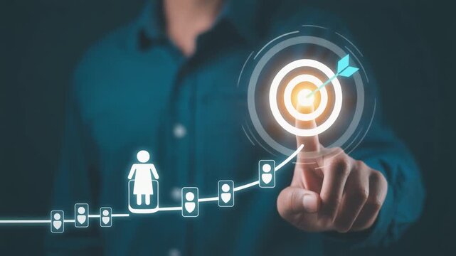 Journey to the goal , business planning concept. Touching a glowing target icon on a connect