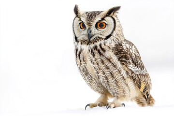 Fototapeta premium Perched Owl on White Background with Copy Space