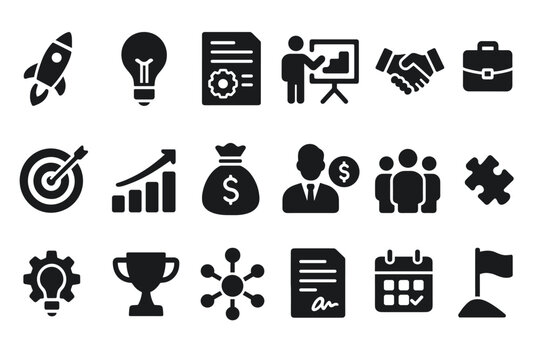 Business and strategy icon set. business elements for success and growth. professional symbols for corporate design.