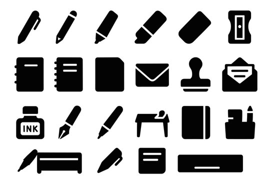 Stationery icon set. office supplies outline collection. school and workspace essentials design for print.