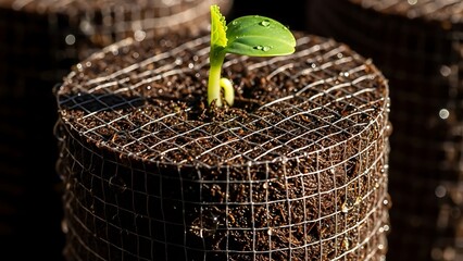 Vibrant green seedling with water droplets emerging from a soil block wrapped in biodegradable mesh, symbolizing new life and sustainable growth