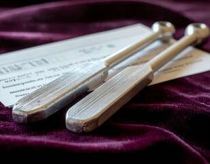Experience serene sound healing with these elegant tuning forks on plush purple velvet, perfect for wellness brands and meditation practices