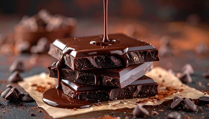 Decadent, dark chocolate stack with chocolate drizzle, sitting on parchment paper with scattered chips and cocoa powder