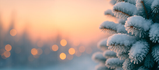 Snow-covered evergreen branches with soft, blurred background of lights and sky