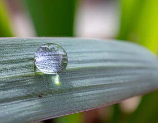 Serene dewdrop clinging to vibrant green leaf, capturing nature's delicate beauty and refreshing essence perfect for wellness and eco-conscious brands