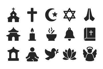 Religious symbols icon set. diverse religious vector set for multi-faith projects. spiritual icons for design and print.