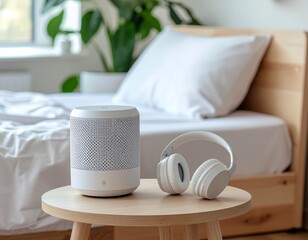 Modern wireless speaker and headphones creating a relaxing vibe in a light and airy bedroom, perfect for a podcast or listening to music at home