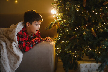 Child admiring christmas tree lights with wonder