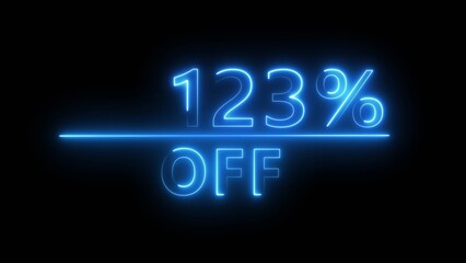 Neon 123% off illustration. Neon discount offer number. Business percentage number.