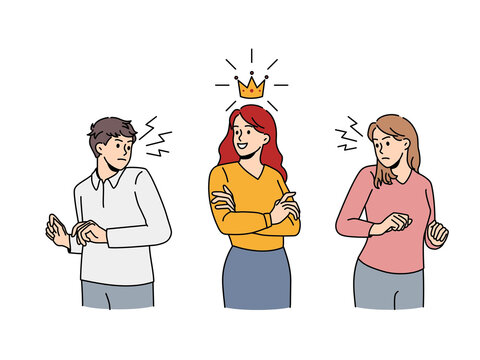 Arrogant Female Employee Wearing Crown Causing Workplace Conflict and Jealousy 