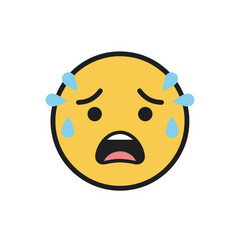 Worried Yellow Emoji Face With Sweat Droplets And Open Mouth Conveying Anxiety Fear Stress And Concern Against A Black Background With White Outline