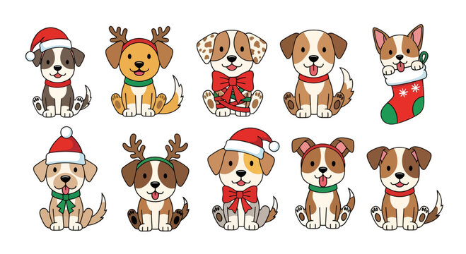 Festive Cartoon Dogs Adorned for Christmas Celebrations in a Whimsical Arrangement