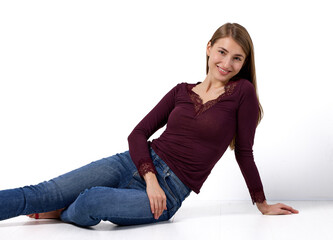 Slavic woman smiling gently in studio portrait