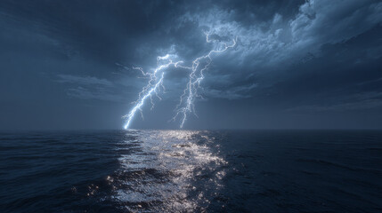 A dramatic lightning strike illuminating the dark sea with a moody atmosphere. The lightning bolt is reflected in the water, creating a stunning visual effect