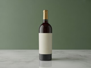 Fototapeta premium Dark red wine bottle with blank label on marble surface and green background liquid