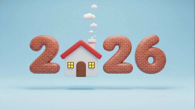 Animated house number 226 sequence with emerging chimney smoke on blue background. Digital 3D render illustrating cozy home address concept.