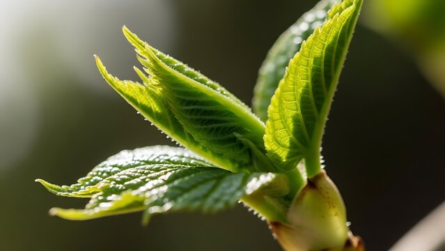 Vibrant Green Leaves Unfurling from a Bud in Bright Spring Sunlight, Symbolizing New Growth and Renewal