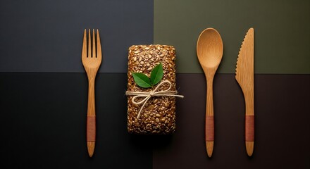 Eco Friendly Bamboo Cutlery with Seed Bread and Green Leaves for Sustainable Dining Concept Still Life