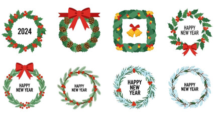 Obraz premium Set of Festive New Year Wreaths with Traditional Holiday Decorations and Greetings for 2024
