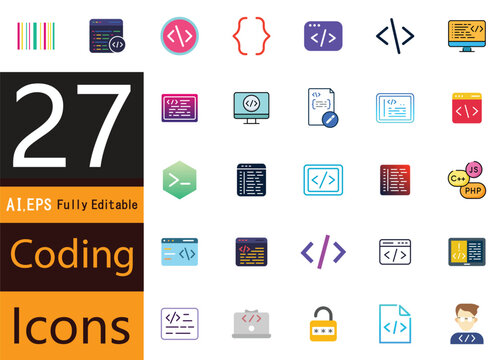 Collection of flat design icons representing various coding and programming concepts