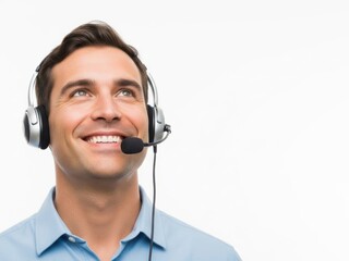 Smiling man with headset, looking up, isolated on white background