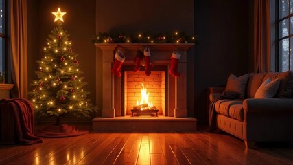 Experience the warmth of a cozy Christmas living room with a crackling fireplace ambience, perfect for virtual relaxation and holiday cheer - Powered by Adobe