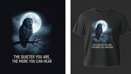 Owl sitting on branch under full moon dark night sky nature silence wisdom quote apparel print