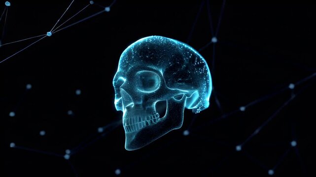 A highresolution, 3D rendered digital artwork of a glowing blue skull. The skull is intricately detailed with a textured surface that gives it a realistic appearance. The background is dark.