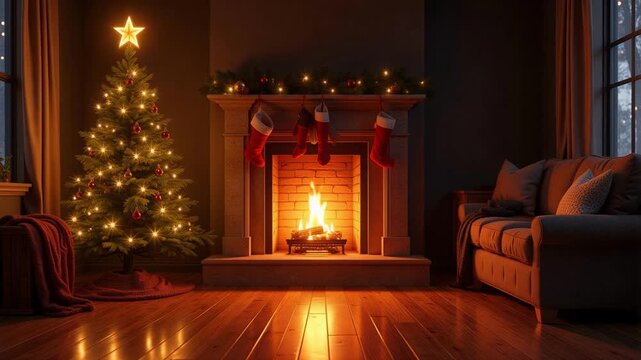 Experience the warmth of a cozy Christmas living room with a crackling fireplace ambience, perfect for virtual relaxation and holiday cheer