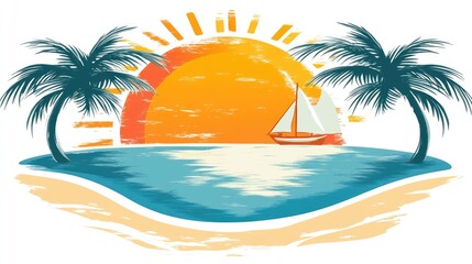 Obraz premium Vibrant Brushstroke Tropical Sunset with Sailboat, Palm Trees, and Reflective Ocean, Idyllic Summer Vacation Illustration.