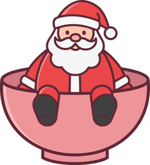 Santa claus sitting comfortably inside a large pink bowl, preparing for christmas festivities with a cheerful and whimsical atmosphere.