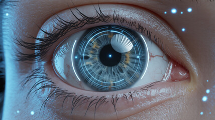 Ultra-detailed macro cyberpunk eye, glowing blue iris, biometric digital interface, intricate circular patterns, sharp contrast, futuristic tech, floating particles, high-resolution.