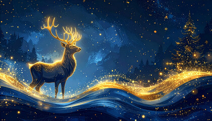 Christmas Magic Deer and flickering lights Glow gold particles light wave and deep blue tone