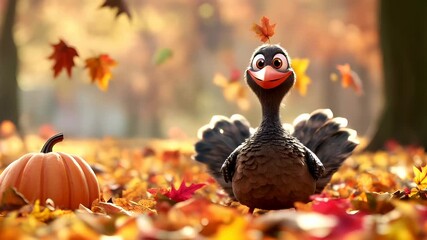 Thanksgiving holiday promotion theme. A vibrant, autumnal scene featuring a turkey amidst a carpet of fallen leaves and a pumpkin. The turkey is the central focus, with its large.