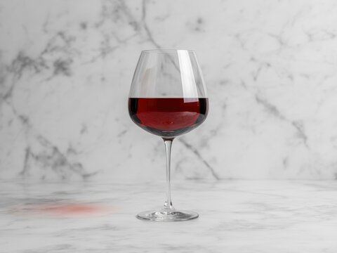 Single red wine glass with dark red liquid on marble surface and background drink