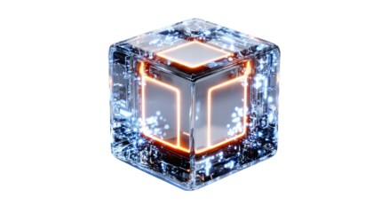 Illuminated Core Cube: A mesmerizing digital cube, its icy exterior encasing a glowing orange core, represents technology and innovation, sparking the imagination with its futuristic appeal.
