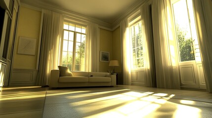 Fototapeta premium Sun-Drenched Living Room: Serene Interior with Golden Light and Elegant Furnishings