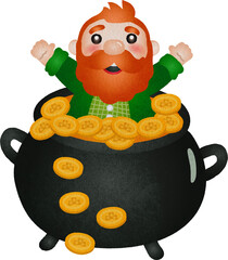Illustration of Leprechaun in Pot of Gold Watercolor Hand Drawn Style