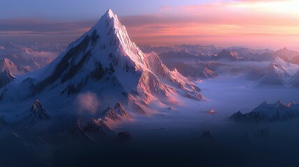 A majestic snow-covered mountain range at sunset, bathed in warm, dramatic light. The landscape is serene and awe-inspiring.
